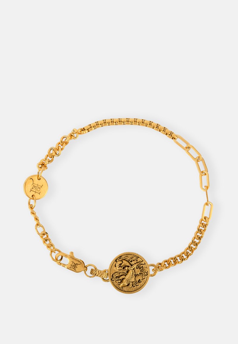Gold bracelet featuring a round medallion with intricate design, linked chain segments, and a secure clasp. Smooth texture with a polished finish.