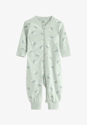 Světlezelená overal vyrobený z měkké látky, s motivem ježka, dlouhými rukávy a předním zipem. Manžety na koncích rukávů.