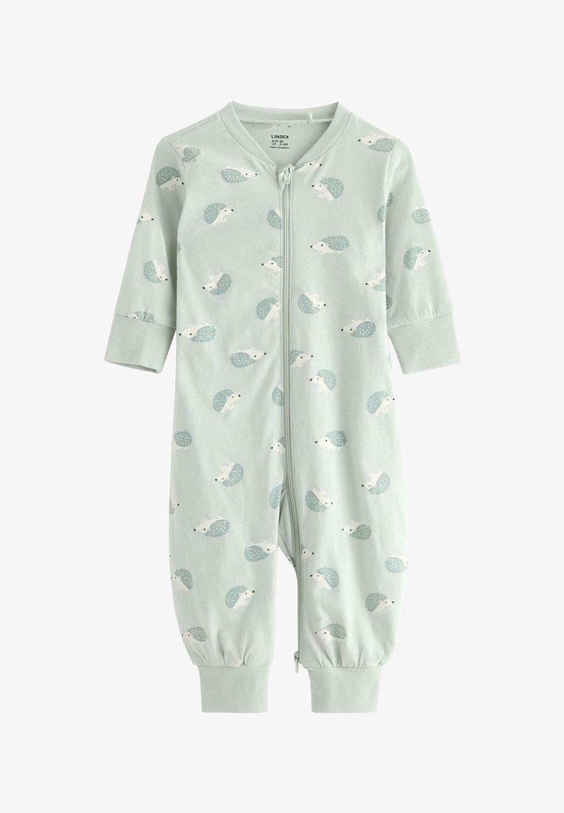 Hellgrüner Overall aus weichem Stoff, mit einem Igelmuster, langen Ärmeln und einem Frontreißverschluss. Bündchen an den Enden der Ärmel.