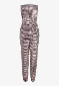 Mønstret jumpsuit med elastisk, stropløs top og bæltested. Stof med gentagen geometrisk design i rød, marineblå og hvid.