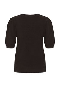 Haut noir en maille à manches courtes avec manches bouffantes texturées et poignets, encolure et ourlet côtelés, vu de dos.