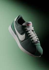 Nike tenisice sa gornjim dijelom od zelene tkanine, bijelim Swooshom, sivim pertlama i teksturiranom potplatom. Crveni akcenti na brendiranju.
