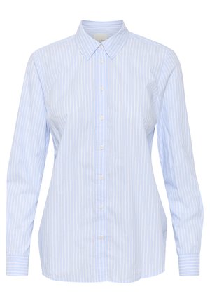 Light blue button-up shirt featuring vertical white stripes, long sleeves, a classic collar, and a straight hem with buttoned cuffs.