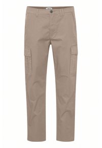 Beige cargo kalhoty vyrobené z bavlny, s dvěma bočními kapsami, zapínáním na knoflík a rovnými nohavicemi. Hladká textura se šitými švy.