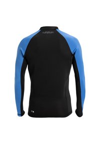 Camisa de manga larga en negro con detalles en azul. Hecha de un material elástico, cuenta con costuras planas y un ajuste ceñido para mayor comodidad.