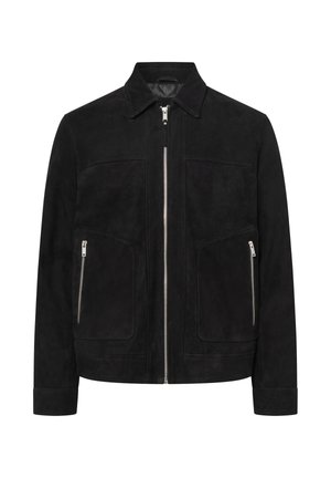 Veste en daim noir avec fermeture éclair frontale, col pointu, deux poches latérales zippées, manches longues et détails cousus.