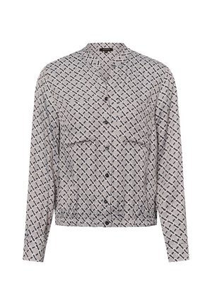 Long-sleeve button-up shirt in gray with a geometric black and white pattern. Features a banded collar and two chest pockets.