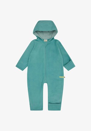 Eén geheel in fleece, in teal, met een capuchon, lange mouwen en een volledige rits aan de voorkant. Voorzien van een klein logo-accent op het been. Zachte textuur.