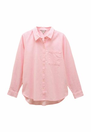 Light pink button-up shirt made of textured fabric, featuring a collar, long sleeves, and a chest pocket. Subtle check pattern visible.