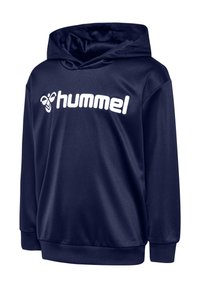 Marineblauer Hoodie mit einer glatten, glänzenden Textur, der ein großes, weißes "hummel"-Logo auf der Vorderseite aufweist. Inklusive Kapuze mit Zugband.