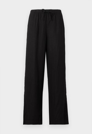 Μαύρο παντελόνι με φαρδιά μπατζάκια, ελαστική μέση και κορδόνι, κατασκευασμένο από ελαφρύ ύφασμα, εμφανίζεται σε απλό φόντο.