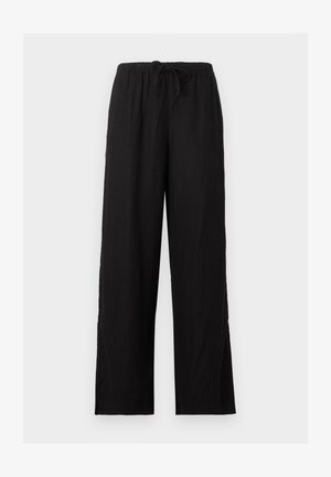 Fekete, bő szárú nadrág elasztikus derékrésszel és húzózsinórral, könnyű anyagból készült, egyszínű háttér előtt bemutatva.