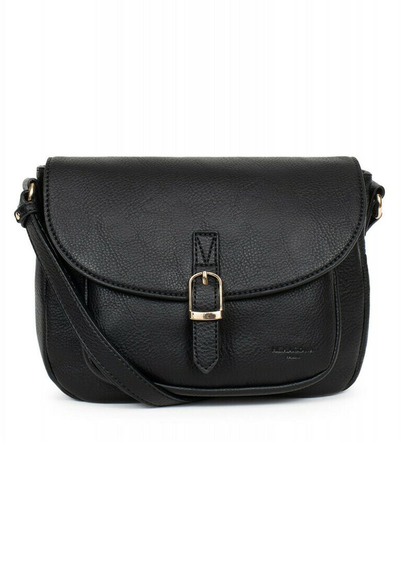 Borsa a tracolla nera in pelle texture con hardware dorato, chiusura a patta e fibbia decorativa. Inclusa una tracolla regolabile.