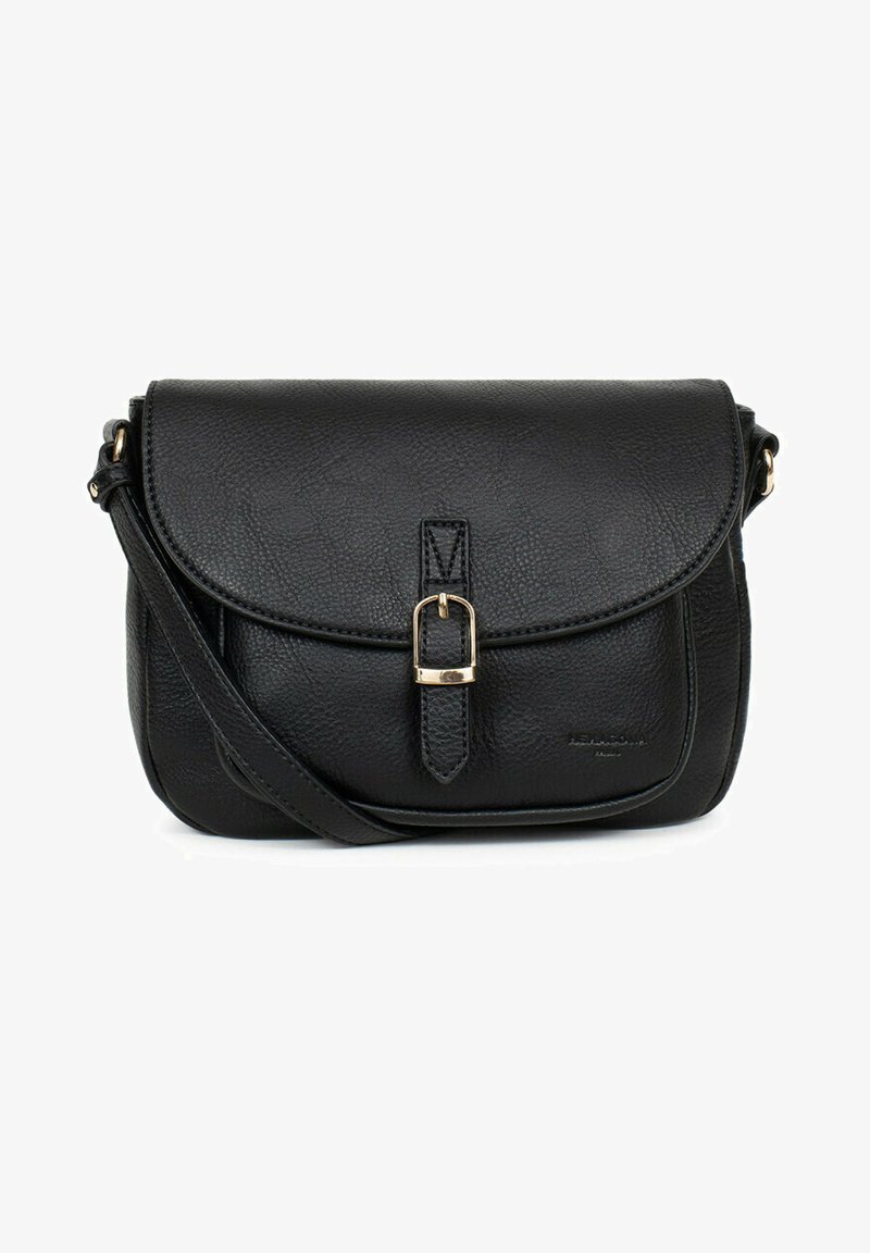 Borsa a tracolla nera in pelle texture con hardware dorato, chiusura a patta e fibbia decorativa. Inclusa una tracolla regolabile.