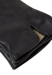 Black leather glove with a smooth texture, folded design, and open finger area. Interior lined with beige material. Neat stitching detail visible.
