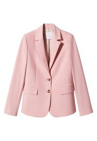 Blazer rose clair pour femme avec revers crantés, deux boutons devant et poches à rabat, présenté sur fond blanc.