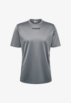 Graues T-Shirt aus glattem, feuchtigkeitsableitendem Stoff. Mit kurzen Ärmeln und rundem Halsausschnitt, versehen mit dem "HUMMEL"-Logo auf der Vorderseite.