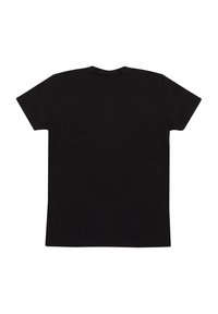 Zwarte katoenen t-shirt met een ronde hals en korte mouwen. De achterkant is eenvoudig zonder grafische elementen of ontwerpen, waardoor een gladde textuur zichtbaar is.