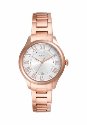 Armbanduhr aus roségoldfarbenem Metall mit silbernem Zifferblatt, römischen Zahlen als Stundenmarkierungen, drei Zeigern, Datumsanzeige um sechs Uhr und Fossil-Logo.