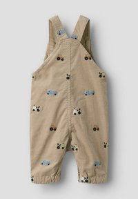 Bež bombažne hlače iz korduroy materiala z vezenimi tovornjaki in traktorji v modri, rjavi in črni barvi. Nastavljive naramnice in elastični robovi.