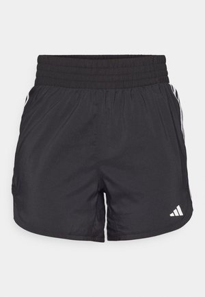 Schwarze Sportshorts mit elastischem Bund, seitlichen Taschen und weißen Streifenakzenten an den Seiten. Hergestellt aus leichtem Material.