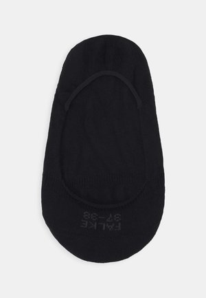 Chaussette noire, longueur cheville, fabriquée en tissu doux, présentant une texture lisse, un bord élastique et une étiquette de taille imprimée sur la semelle.