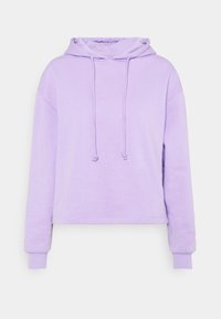 Lavendelfärgad sweatshirt med huva, med dragsko, kort design, långa ärmar och mjuk textur. Inga tryck eller ytterligare mönster.