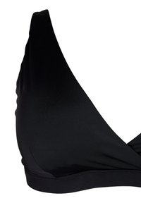 Črni zgornji del bikinija z globokim V-izrezom, mehko tkanino in širokimi naramnicami. Tekstura je gladka, z brezšivno obdelavo ob robovih.