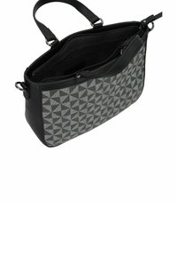 Sac à main noir et gris avec un motif géométrique, doté d'une fermeture éclair, de deux poignées et de plusieurs poches intérieures pour l'organisation.