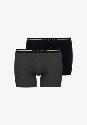 Zwei Paar Herren-Boxershorts, eines in Dunkelgrau und eines in Schwarz, beide mit Bugatti-Logo am Bund.