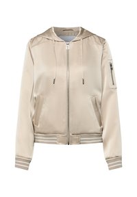 Beige Satin-Bomberjacke mit Kapuze, Reißverschluss vorne, gerippten Bündchen und Saum mit Streifen, zwei Vordertaschen und Reißverschlusstasche am linken Ärmel.