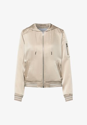 Beige Satin-Bomberjacke mit Kapuze, Reißverschluss vorne, gerippten Bündchen und Saum mit Streifen, zwei Vordertaschen und Reißverschlusstasche am linken Ärmel.