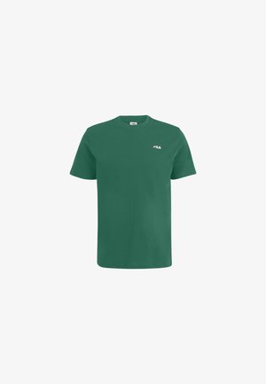 Grünes Baumwoll-T-Shirt mit Rundhalsausschnitt und kurzen Ärmeln. Features ein kleines weißes FILA-Logo auf der linken Brustseite.