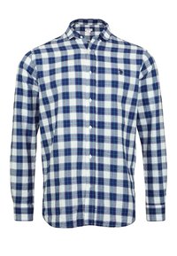 Camicia button-up a quadri in blu, navy e bianco. Caratterizzata da maniche lunghe, colletto classico e un piccolo logo sul petto. Materiale in cotone.