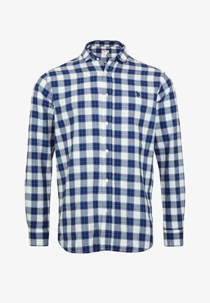 Karirana srajca na gumb v modri, mornarsko modri in beli barvi. Ima dolge rokave, klasičen ovratnik in majhen logotip na prsih. Iz bombažne tkanine.