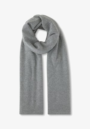 Szary szalik wykonany z miękkiego, fakturowanego materiału. Posiada długi, prostokątny kształt z końcami swobodnie wiszącymi, co tworzy przytulny wygląd.