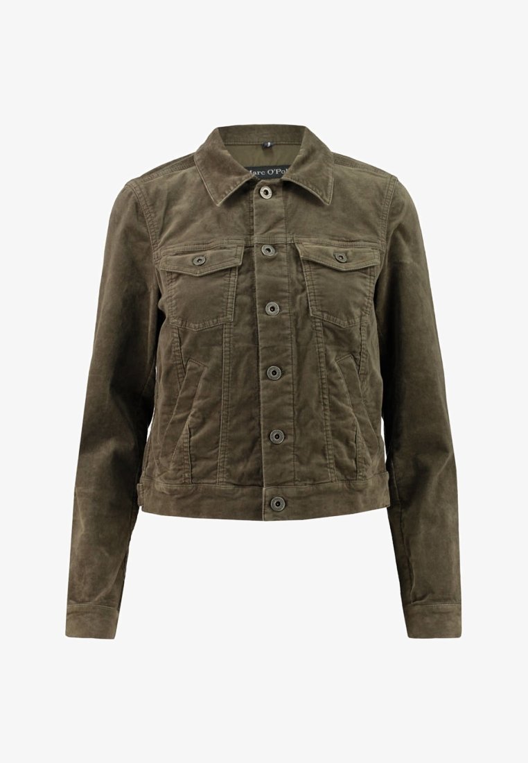 Veste marron à boutons avec col, deux poches poitrine et coupe courte. Confectionnée en tissu texturé avec une finition douce et mate.