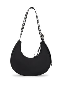 Juodas nailono petinis krepšys su kreiviu hobo pavidalu, turintis prekės ženklo reguliuojamą dirželį ir užtrauktuko uždarymą. Lygus paviršius ir minimalus dekoravimas.