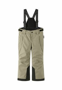 Ciepłe, ocieplane spodnie narciarskie w jasnobeżowym kolorze z czarnymi akcentami, regulowanymi szelkami, dwoma przednimi kieszeniami i wzmocnionymi mankietami dla zwiększenia trwałości.