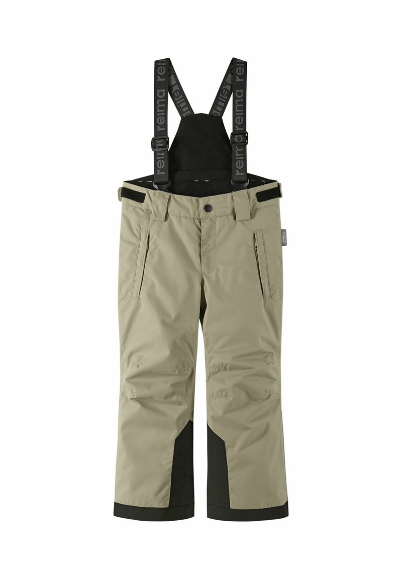 Ciepłe, ocieplane spodnie narciarskie w jasnobeżowym kolorze z czarnymi akcentami, regulowanymi szelkami, dwoma przednimi kieszeniami i wzmocnionymi mankietami dla zwiększenia trwałości.