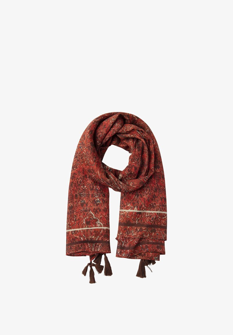 Rød mønstret tørklæde med indviklede designs, blød tekstur og brune kvaster i enderne. Pyntet med tynde hvide striber.