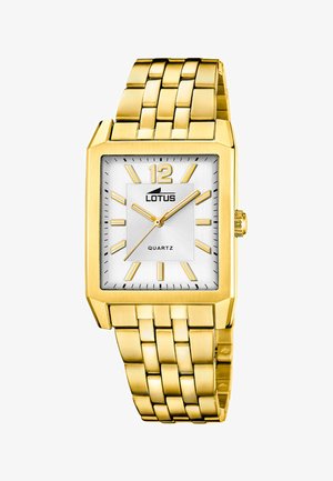 Orologio da polso Lotus rettangolare in tonalità oro con quadrante bianco, indicatori delle ore dorati e bracciale in metallo a maglie.