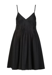 Schwarzes ärmelloses Kleid mit V-Ausschnitt, das strukturierte Falten im Oberteil und einen schwingenden Rock aufweist. Hergestellt aus leichtem Baumwollmaterial.