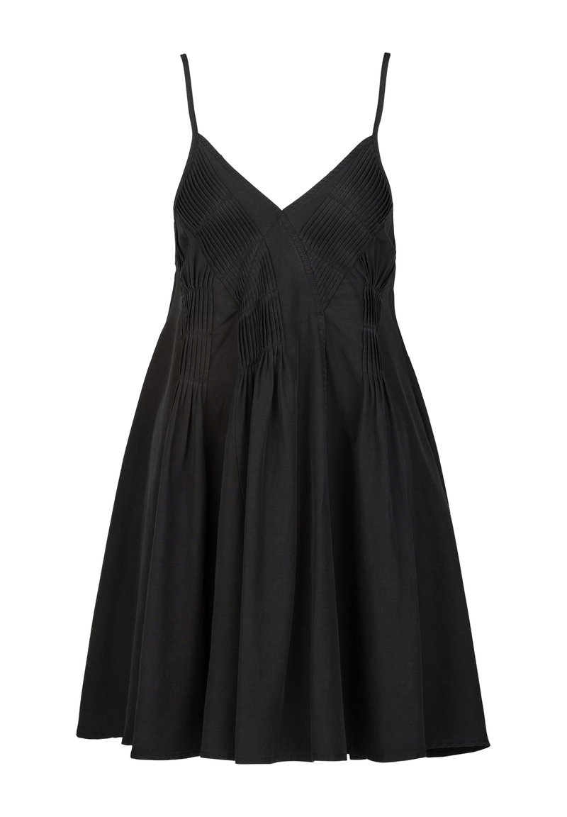 Schwarzes ärmelloses Kleid mit V-Ausschnitt, das strukturierte Falten im Oberteil und einen schwingenden Rock aufweist. Hergestellt aus leichtem Baumwollmaterial.