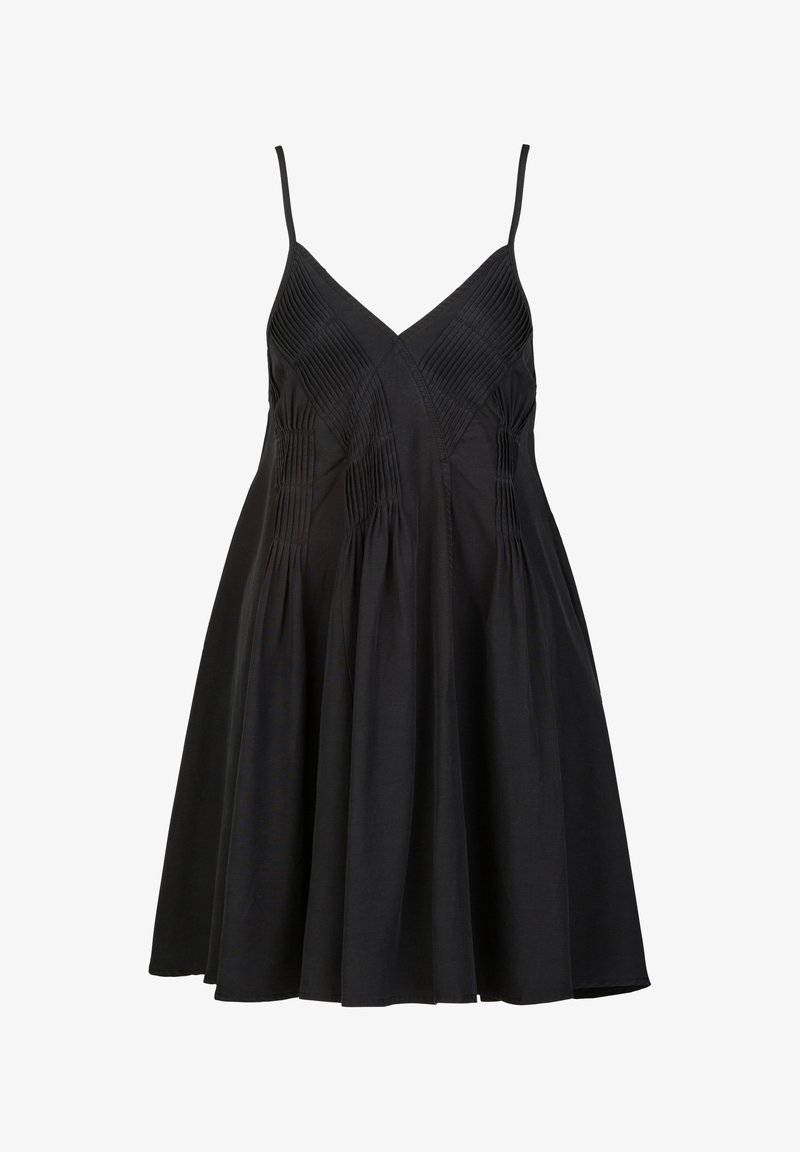 Schwarzes ärmelloses Kleid mit V-Ausschnitt, das strukturierte Falten im Oberteil und einen schwingenden Rock aufweist. Hergestellt aus leichtem Baumwollmaterial.