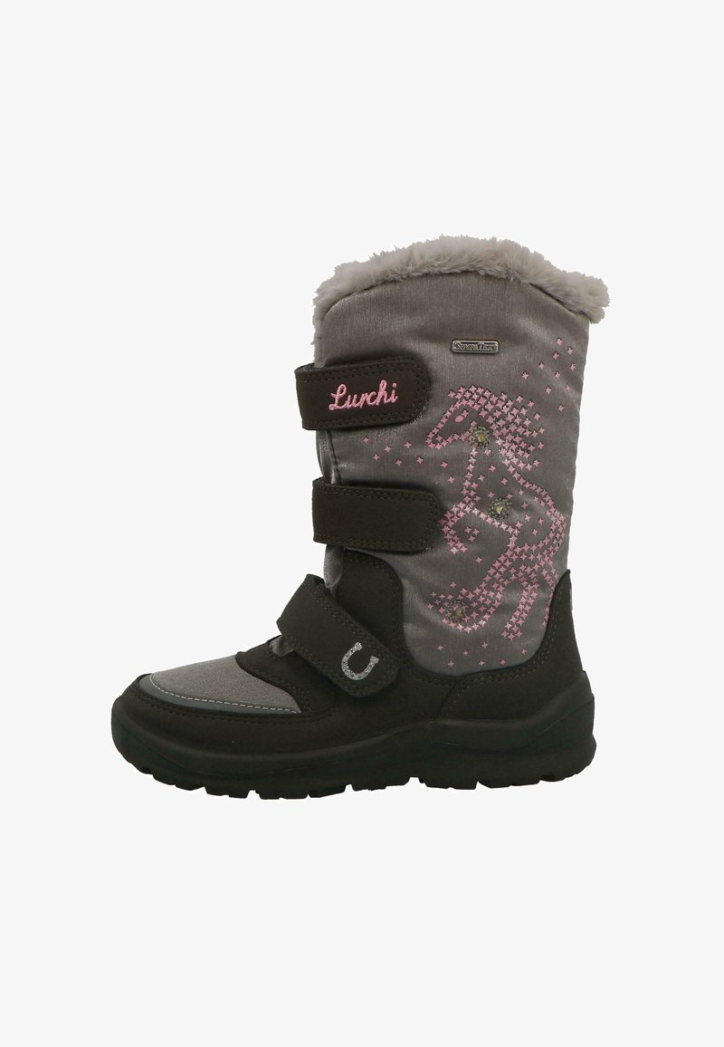 Szürke vízálló csizma rózsaszín ló mintával, három fekete tépőzárral, műszőrme gallérral és fekete gumitalppal a tapadásért.