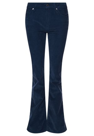 Pantalon en velours côtelé bleu marine avec jambes évasées, bouton à l\'avant, fermeture éclair, et poches avant et arrière.