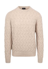 Beiger Strickpullover mit einem Zopfmuster, rundem Halsausschnitt und langen Ärmeln. Rippbündchen an Ärmelenden und Saum vervollständigen das Design. Weiche Textur.