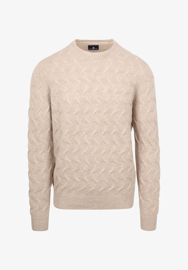 Beiger Strickpullover mit einem Zopfmuster, rundem Halsausschnitt und langen Ärmeln. Rippbündchen an Ärmelenden und Saum vervollständigen das Design. Weiche Textur.