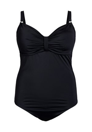 Juodas vientisas maudymosi kostiumėlis su surinkta medžiaga krūtinės srityje ir reguliuojamomis petnešėlėmis. Pagamintas iš lygaus, tamprumo medžiagos.